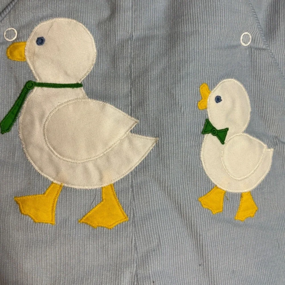 Vintage Betti Terrell Johnston Blue Corduroy Hooded Bunting Snowsuit Ducks 6-9mo
